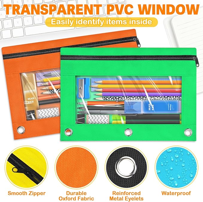 Pencil Pouch for 3 Ring Binder, 160 Packs Zipper Pencil Pouch Bulk in 10 Colors, Pencil Case for Binder with Clear Window for School, Home and Office