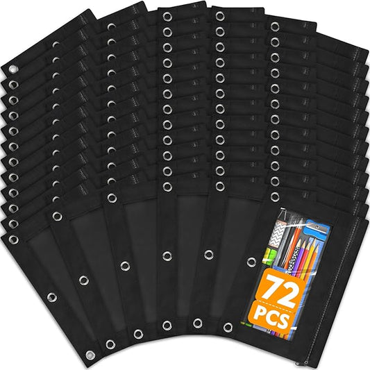 72 PCS Pencil Pouch for 3 Ring Binder, Durable 3 Ring Black Pencil Pouches with Clear Window, Binder Pencil Pouch Bulk for Classroom Office School Supplies