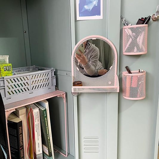 Locker Shelf with Locker Mirror Magnetic & 2 Magnetic Pen Cups, Locker Organizer for Work, Mesh Metal Locker Accessories Kit for School Locker, Locker Decor Office Supplies, Pink