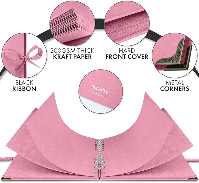 Bstorify Square Scrapbook Photo Albums 8 x 8 Inch Pink Thick Paper, Hardcover, Metal Corners, Ribbon Closure - Ideal for Your Scrapbooking Albums, Art & Craft Projects