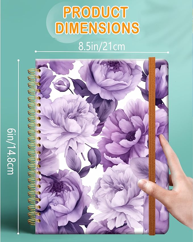 Ruled Spiral Writing Notebook,A5 Hardcover Lined College Journal for Women Lady Girl,Strong Twin-Wire Binding with Premium Paper,8.4" X 6",Perfect for School,Office,Home Gifts(purple floral)