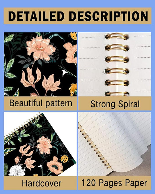 Spiral Notebook A5, Hardcover Journal for Women, 120 Pages Thick College Ruled Paper, Perfect for Office, School, or Home Use(Flowers on Black Background)