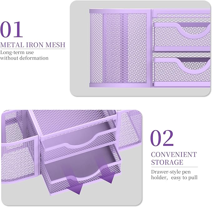 SUPEASY Mesh Desk Organizer, Desk Organizers and Accessories with Drawers, Pen Holder for Desk with 2 Drawers with 9 Compartments for Office Supplies, Purple