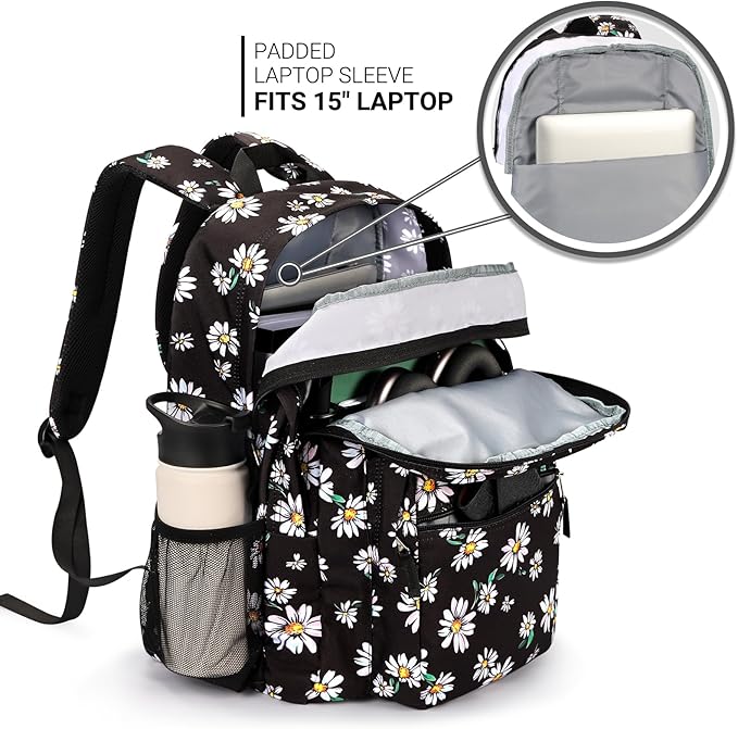 ZORFIN 26L Backpack for School, College, and Travel: Water Resistant Bookbag with 8 Compartments - Daisy Black