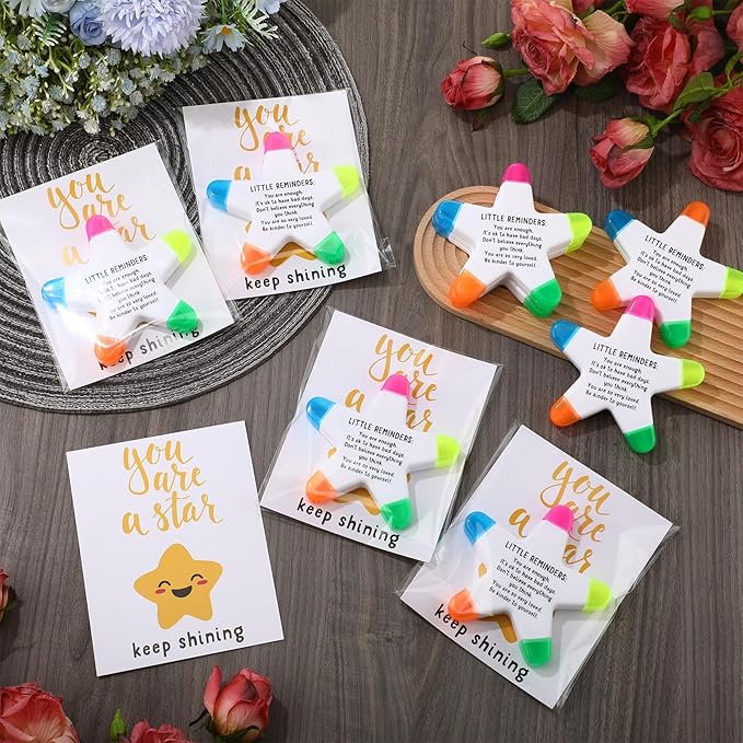 24 Sets Back to School Gifts for Students Star Highlighters with You're a Star Cards Gift Bags 5 in 1 Fluorescent Pens Affirmation Gifts for First Day of School Party Favor (Reminder)