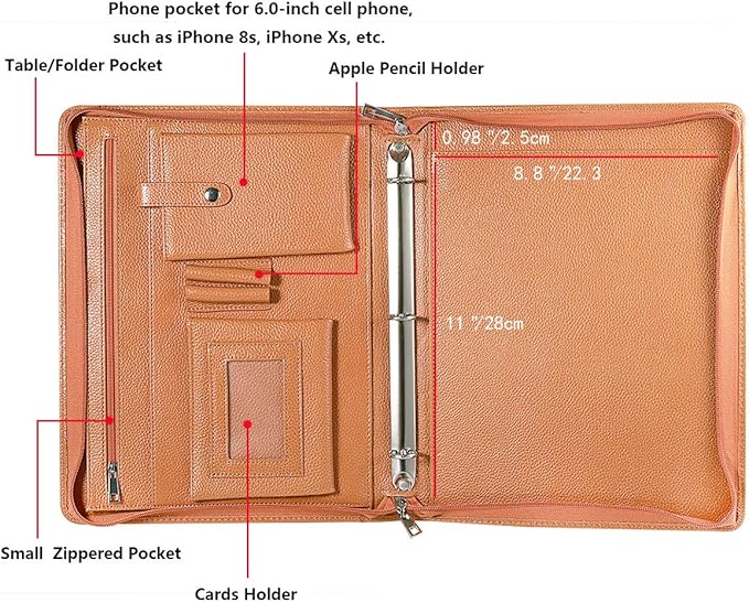 Professional Leather Business Padfolio Portfolio Case, 3 Ring Binder,Zippered Business Document Organizer Tablet Holder Folder Case,with Letter Size Notepad (Brown)