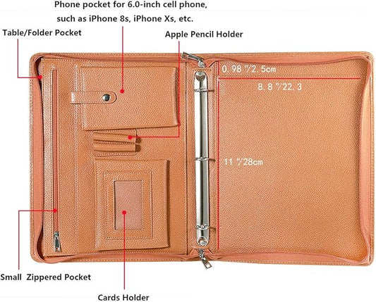 Professional Leather Business Padfolio Portfolio Case, 3 Ring Binder,Zippered Business Document Organizer Tablet Holder Folder Case,with Letter Size Notepad (Brown)