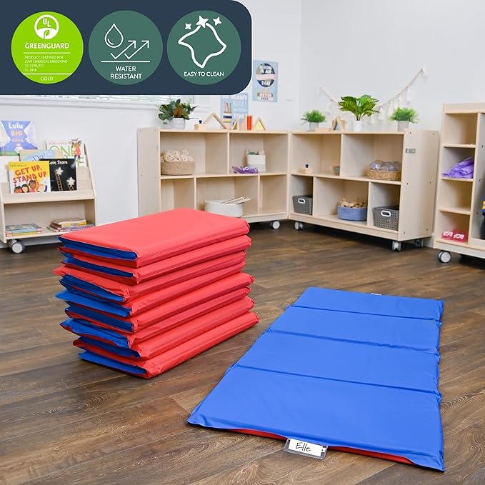 Children’s Factory 1 Inch Thick Rest Mats for Preschool, 4-Section Nap Mats for Daycare, Nursery, Classroom, Red-Blue, 10 Pack