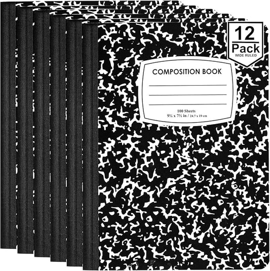 ENVO Composition Notebooks, Wide Ruled Composition Notebook, Black Marble Covers Composition Notebook, 100 sheets (12 Pack, Wide Ruled)