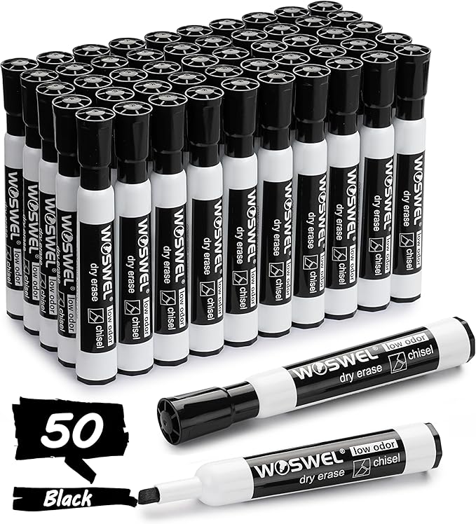 Dry Erase Markers Bulk, Chisel Tip Whiteboard Markers, Low Odor Thick Dry Markers, 50 Black Color for Kids/Teachers, Classroom, Office & Home Use