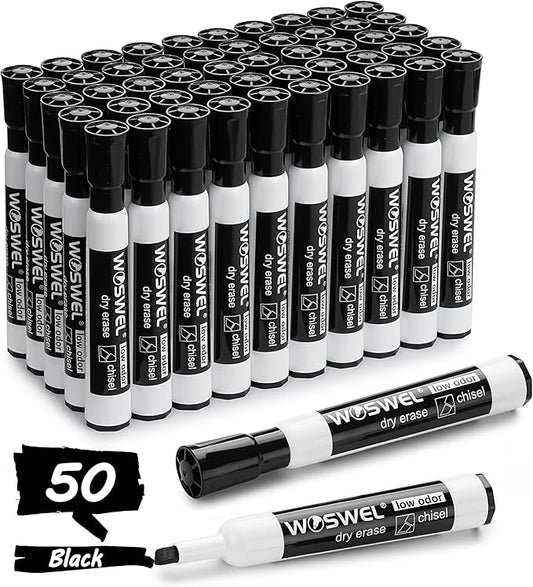 Dry Erase Markers Bulk, Chisel Tip Whiteboard Markers, Low Odor Thick Dry Markers, 50 Black Color for Kids/Teachers, Classroom, Office & Home Use