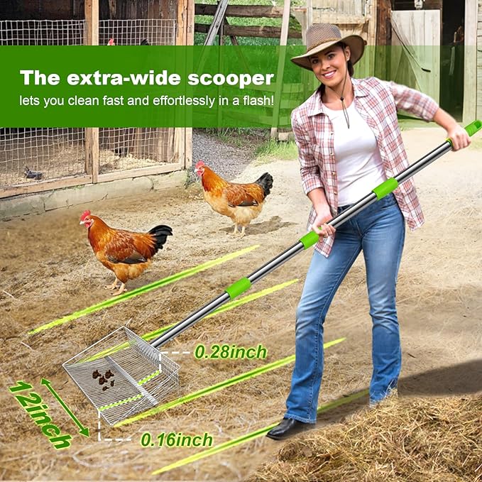 12inch Large Chicken Poop Scooper, 2 Widths of Slots Chicken Coop Litter Scoop with Stainless Steel Handle - 23" to 66", 4 in 1 Litter Sifting Shovel，Heavy Duty Chicken Coop Accessories