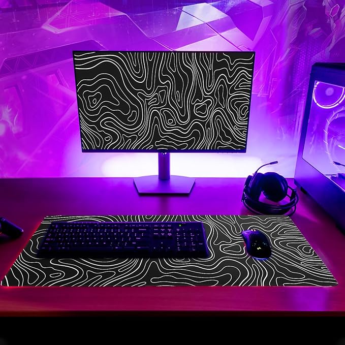 Gaming Mouse Pad Topographic Large Mousepad Keyboard 31.5 x 11.8in for Non-Slip Base and Stitched Edge, Extended Desk Pad XL Desk Mat (Black)