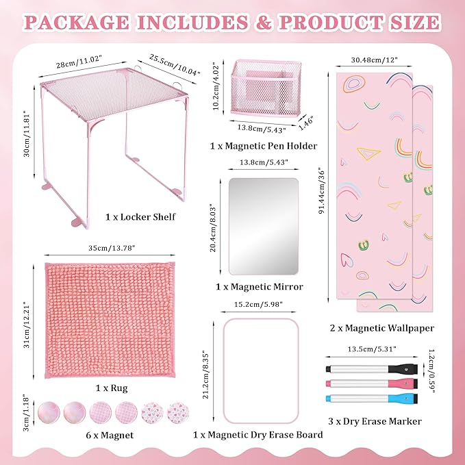 16 Pcs Pink Locker Accessories for Girls, Locker Organizer & Decorations with Shelf, Rug, Magnetic Wallpaper, Mirror, Whiteboard, Pen Holder, Markers, Magnets for Back to School Office Gym