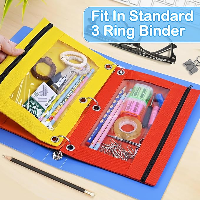 72 PCS Pencil Pouch for 3 Ring Binder, Zipper Pencil Pouch in 6 Colors, Durable 3 Ring Pencil Pouch with Clear Window, Binder Pencil Pouch Bulk for Classroom Office School Supplies