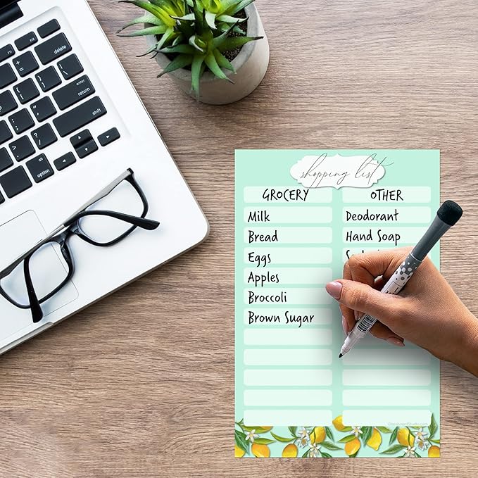 Dry Erase Shopping List Vinyl Sticker Decal Whiteboard by Glassboard Studio | Removable & Reusable | Magnetic Fine-Tip Marker Included (6 x 9 inches, Vintage Lemon)
