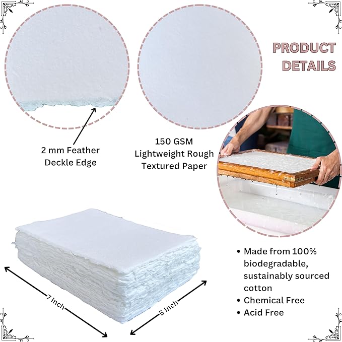 Handmade White Deckle Edge Blank Paper - 5x7 Inch Package of 50 - Mixed Media Loose Leaf Paper for Postcards, Invitations, Crafts and Announcements - Thick 150 GSM