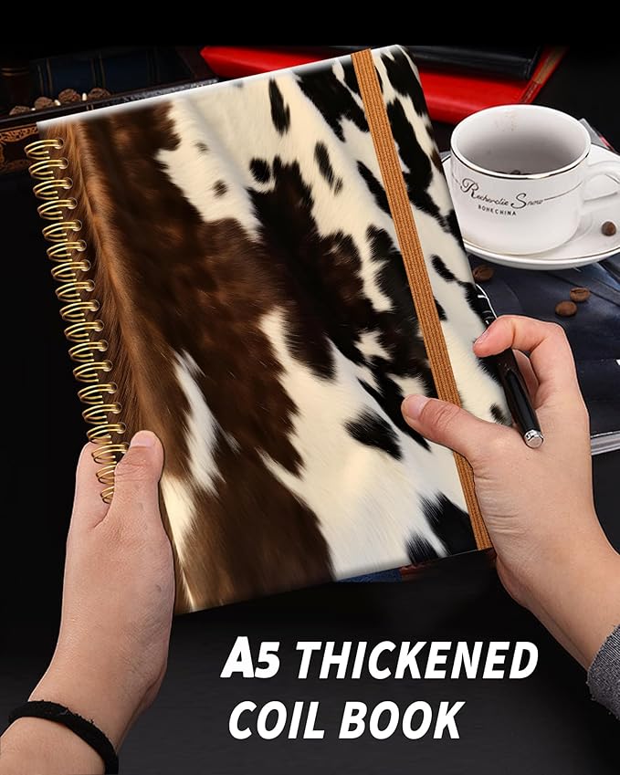 Ruled Spiral Writing Notebook,A5 Hardcover Lined College Journal for Women Lady Girl,Strong Twin-Wire Binding with Premium Paper,8.4" X 6",Perfect for School,Office,Home Gifts(western cow cowhide)