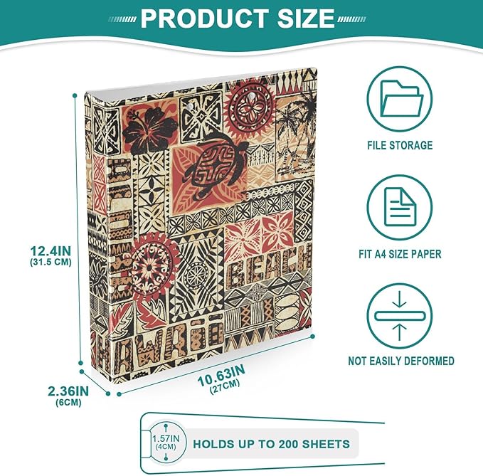 Ethnic Hawaiian Decorative 3 Ring Binder 2 Inch Large View Binders with Pockets File Organizer for Office College School, 1Pack
