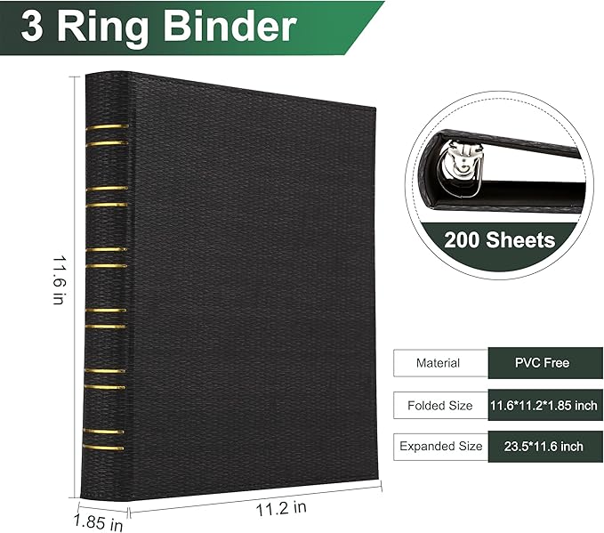 Vintage Hardback 3 Ring Binder 1 Inch, Professional Leather Binder 3 Ring, Textured Three Ring Binders Fits 8.5" x 11", D Ring Binders for Photo Album, Home, School and Office Supplies- Black