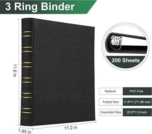 Vintage Hardback 3 Ring Binder 1 Inch, Professional Leather Binder 3 Ring, Textured Three Ring Binders Fits 8.5" x 11", D Ring Binders for Photo Album, Home, School and Office Supplies- Black
