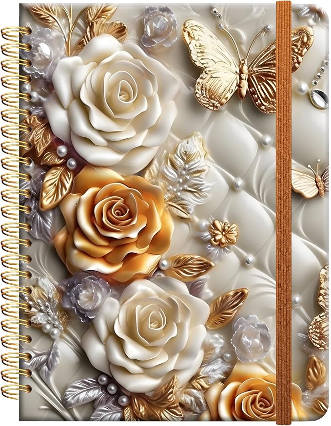 Ruled Spiral Writing Notebook,A5 Hardcover Lined College Journal for Women Lady Girl,Strong Twin-Wire Binding with Premium Paper,8.4" X 6",Perfect for School,Office,Home Gifts(diamond butterfly floral