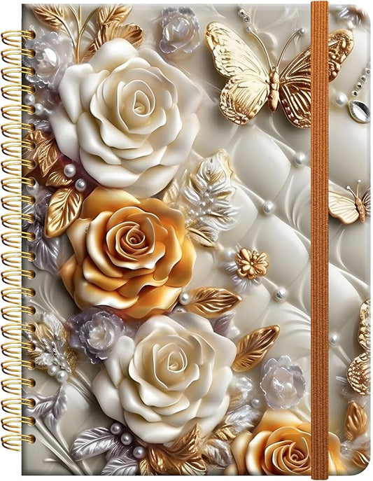 Ruled Spiral Writing Notebook,A5 Hardcover Lined College Journal for Women Lady Girl,Strong Twin-Wire Binding with Premium Paper,8.4" X 6",Perfect for School,Office,Home Gifts(diamond butterfly floral