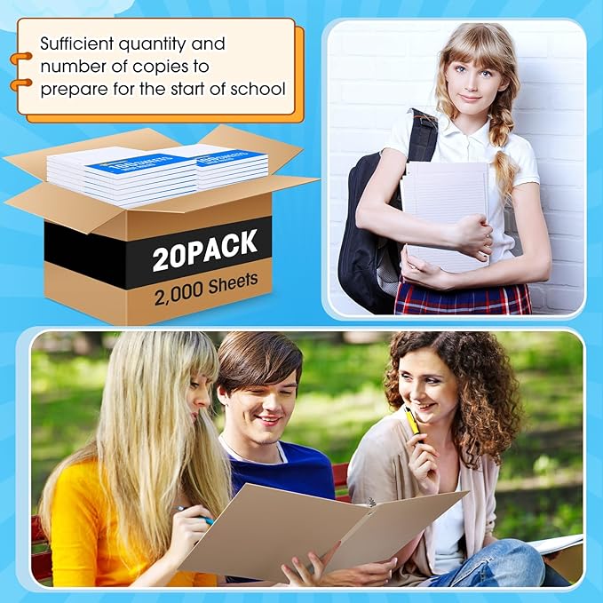 Fainne 20 Pack Notebook Paper Bulk Wide Ruled 8 x 10.5'' Wide Ruled Loose Leaf Notebook Paper Lined Filler for 3 Ring Binders for Office Notes Writing Binder Refill 100 Sheets Per Pack