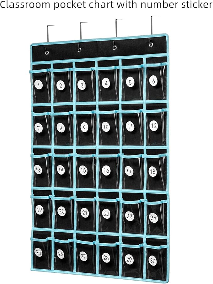 KEEPJOY Classroom Pocket Chart Organizer,Cell Phones Calculator Holder for Classroom Storage, Hanging Wall Door Calculator Phone Caddy for Classroom. (30 Pockets-Black)