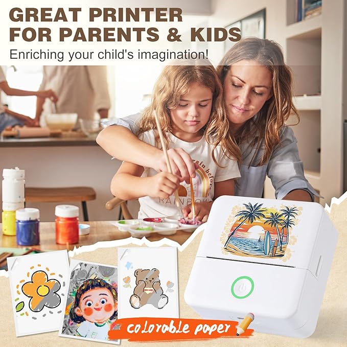 Print Pods Mini Printer, Thermal Inkless Sticker Maker with 3 Rolls Paper, Pocket Printpod for Phone, Impresora Portátil for Notes, Flashcards, Journal, DIY (Calif Beach)