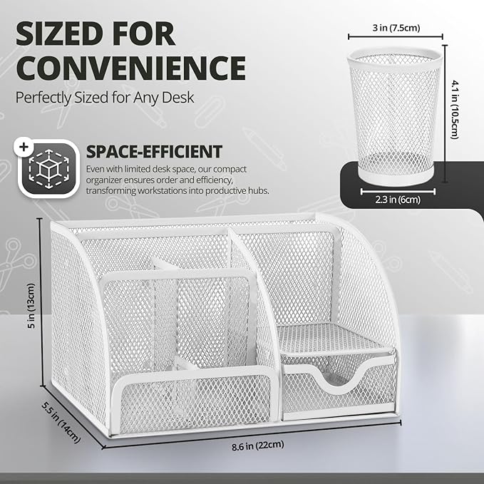 Flexzion Desk Caddy Organizer Set (White) - Metal Mesh Desktop Caddy with Drawers, 6 Compartments, and Pencil Holder for Women & Men - Desktop Organizer and Storage for Work or Office Supplies