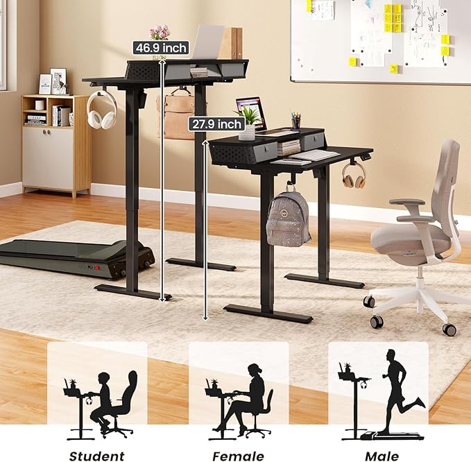 Small Standing Desk with Drawers and Brushless Motor,Electric Sit Stand Desk for Walking Pad,Ergonomic Stand Up Desk for Home Office & Gaming,3 Memory Height Preset & Hooks(40" x 24", Black)