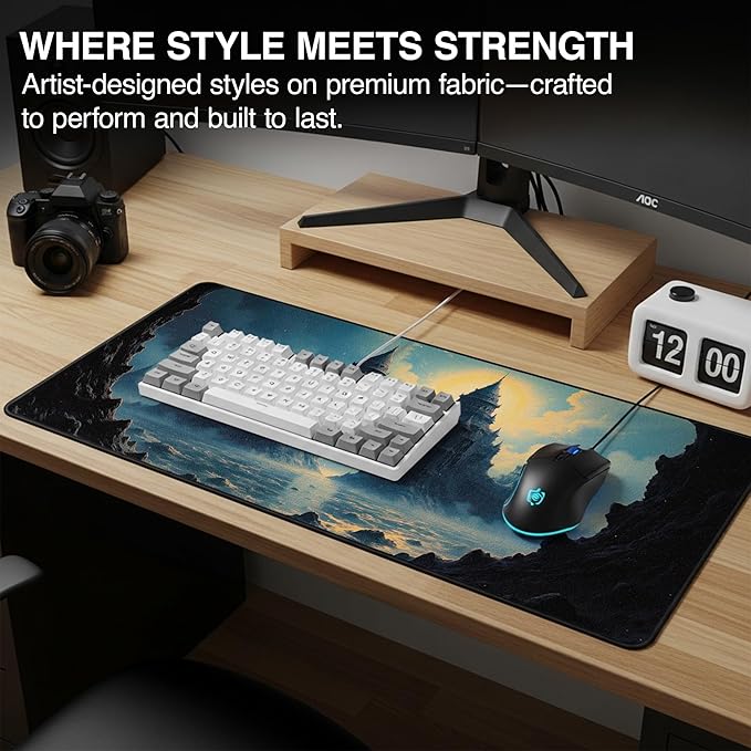MPCO. Dark Fantasy Large Gaming Desk Pad - 36" x 17" Duraglyde Fabric Echoes of the Deep Desk Mats - Non-slip, Washable, Smooth Glide for Precision Gaming & Work