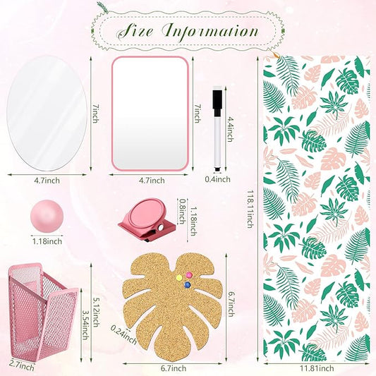 Harloon 15 Pcs Locker Decoration and Organizer Kit Locker Wallpaper Magnetic Pen Holder and Mirror Whiteboard Marker Cork Board with 3 Push Pins 3 Magnetic Clip 6 Magnets(Palm Leaf)