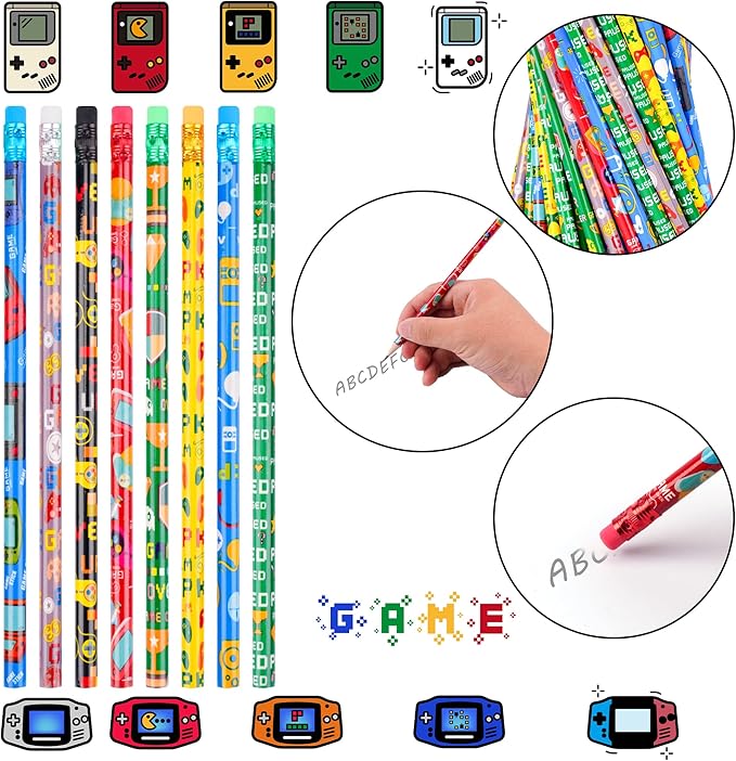 Kolewo4ever 200 Pieces Video Game Pencils Assortment Cylinder Wood Pencils with Various Game Pattern Icons for Party Favors Birthday Party Supplies