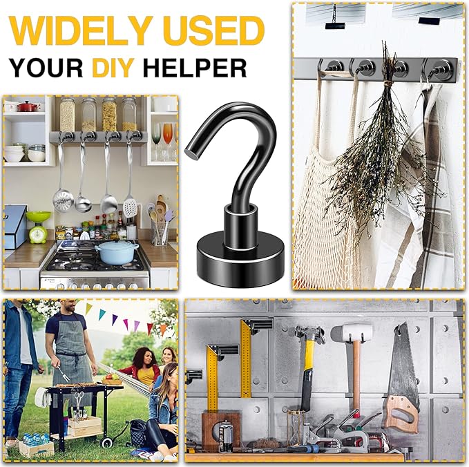 DIYMAG Outdoor Hooks for Hanging String Lights, Balck Magnetic Hooks Strong 30lbs+ Hanging Party Light Wall Cable for Outside Cruise Cabin Refrigerator Fridge Grills Must Have 60PCS