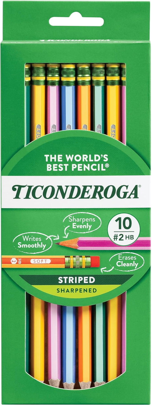 Ticonderoga X13910 Striped Wood-Cased Pencils, 2 HB Soft, Pre-Sharpened, 10 Count, Assorted Colors