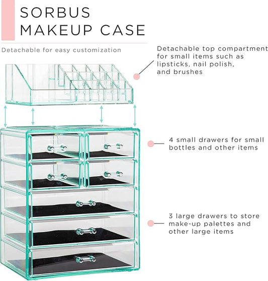 Sorbus Clear Cosmetic Makeup Organizer - Make Up & Jewelry Storage, Case & Display - Spacious Design - Great Holder for Dresser, Bathroom, Vanity & Countertop (3 Large, 4 Small Drawers) [Teal Thrill]