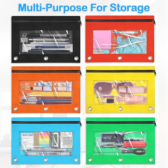 72 PCS Pencil Pouch for 3 Ring Binder, Zipper Pencil Pouch in 6 Colors, Durable 3 Ring Pencil Pouch with Clear Window, Binder Pencil Pouch Bulk for Classroom Office School Supplies