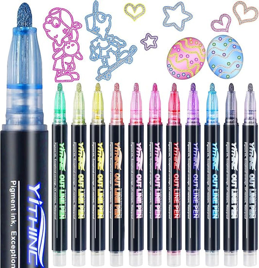 Outline Shimmer Markers, 12 Glitter Metallic Gel Pens for Tween Teen Girl Gifts Trendy Stuff, Halloween, Birthday Party, Cool Fun Art Crafts Supplies, Stocking Stuffers for Kids Girls Ages 8 10 12 14