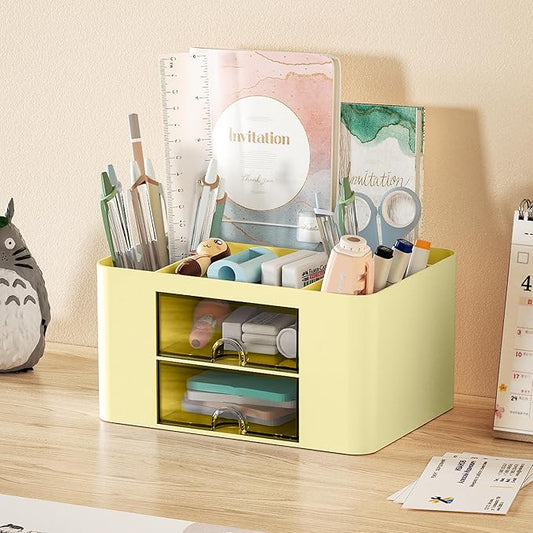 Marbrasse Pen Organizer with 2 Drawer, Multi-Functional Pencil Holder for Desk, Desk Organizers and Accessories with 5 Compartments + Drawer for Office Art Supplies (Yellow)