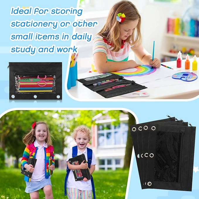 Tinlade 100 Pcs 3 Ring Binder Pencil Pouches Zipper Pouches Case with Mesh Window Ring Binder Pencil Bags Case for Christian Charity Donation Supplies(Black)