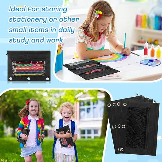 Zhehao 150 Pieces Zipper Binder Pencil Pouches 3 Ring Binder Zipper Pouches Case with Window Ring Pencil Bags Case or Office School Students Supplies(2 Zipper,Full Black)