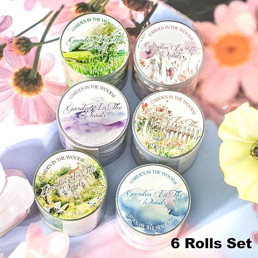 6 Rolls Transparent PET Tape Set, Nature Landscape Decorative Stickers for Scrapbooking, Journaling, DIY Crafts, Waterproof Craft Supplies with Decorative Clip