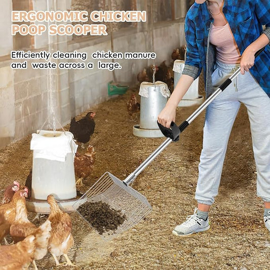 15-inch Large Chicken Poop Scooper with Ergonomic Grip, 4 in 1 Adjustable Chicken Coop Pooper Shovel (24 to 70"), Sifting Litter Shovel Scoop for Chicken Coop/Goat Stall/Stable Cleaning