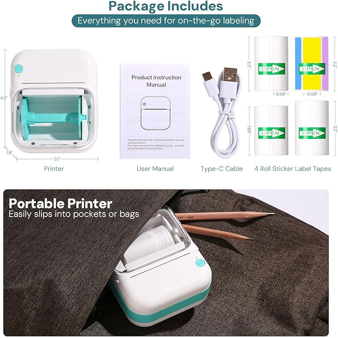 Mini Printer Portable Bluetooth Thermal Label Printer – Wireless Mini Label Maker w/4 Sticker Label Rolls,See-Through Label Window, High-Resolution Print for Home, Office, Travel