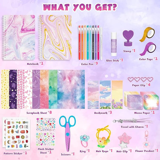 QIYVLOS 2 Pack DIY Journal Kit, Scrapbook Kit Toys for ages 8-13, Birthday Stationary Journaling Supplies Set Arts and Crafts Gifts for Teen Girls Ages 8 9 10 11 12 13 14 Year Old