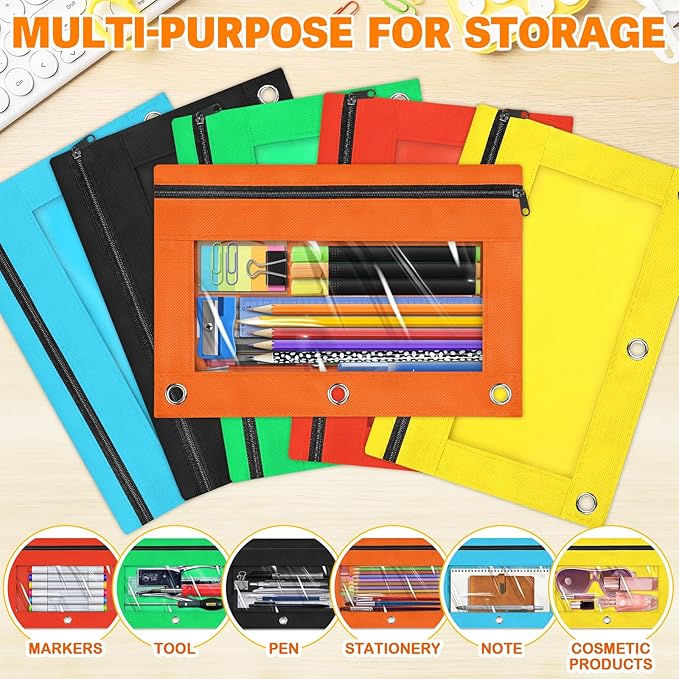 Pencil Pouch for 3 Ring Binder, 36 Packs Zipper Pencil Pouch Bulk in 6 Colors, Pencil Case for Binder with Clear Window for School, Home and Office