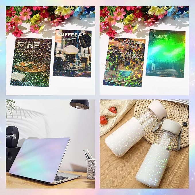 36 Sheets Holographic Sticker Paper, Transparent Holographic Vinyl Laminate Film, Clear Overlay Lamination Sticker Paper Self Adhesive Waterproof - Gem, Dot, Colorful, Star Patterns/8.5x11 inch
