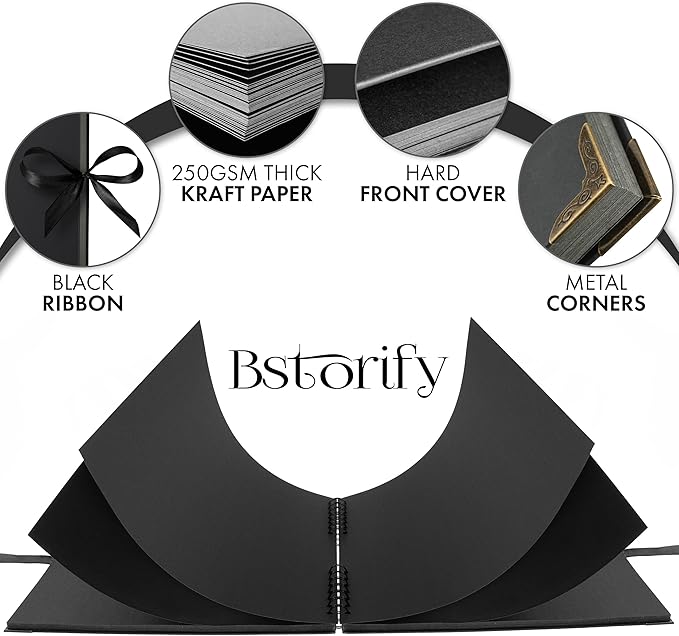 Bstorify Square Large Black Scrapbook Photo Albums 80 Pages (11 x 11 inch) Thick Kraft Paper Scrap Book, Memory Book, Ribbon Closure - Ideal for Your Scrapbooking, Art & Craft Projects